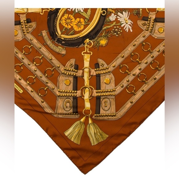 Hermès Vintage Brown Square Aux Champs Equestrian Floral Print Silk Scarf 90cm - Picture 3 of 12